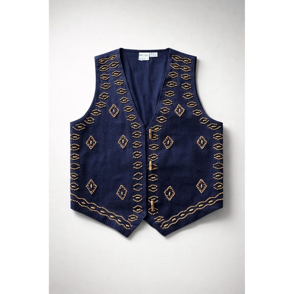 90's Khazana Statement Wood Beaded Vest Boho Western Tribal Artisanal Button-L